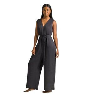 Ettitude Womens Black Bamboo Wide-Leg Sleeveless V-Neck Jumpsuit Belt M pockets